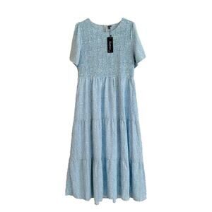 Zattcas Blue White Floral Short Sleeve Smocked Tiered Maxi Dress Size XXL NEW